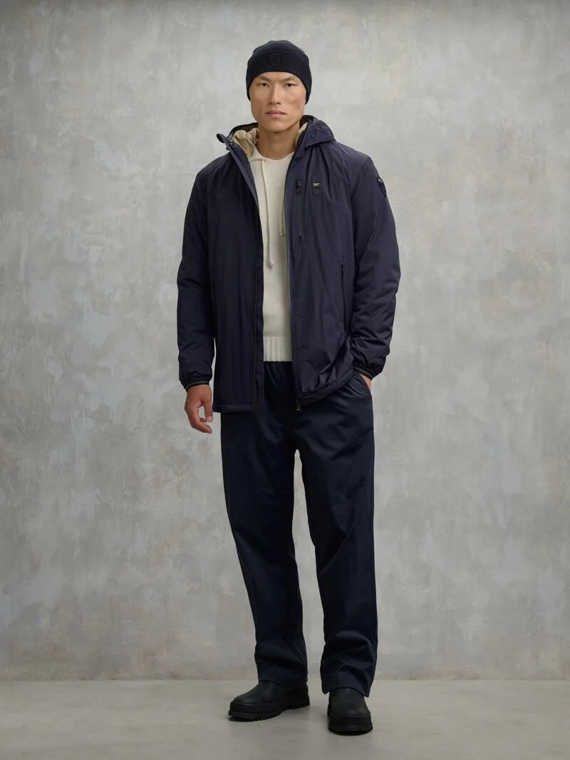 Piumino lungo Blu "Jarvis" con Eco-Fur e Cappuccio