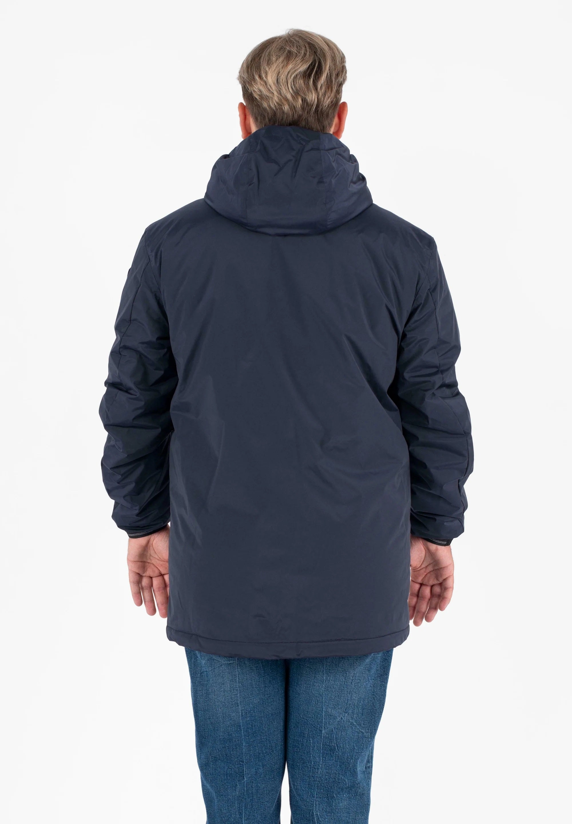 Piumino lungo Blu "Jarvis" con Eco-Fur e Cappuccio