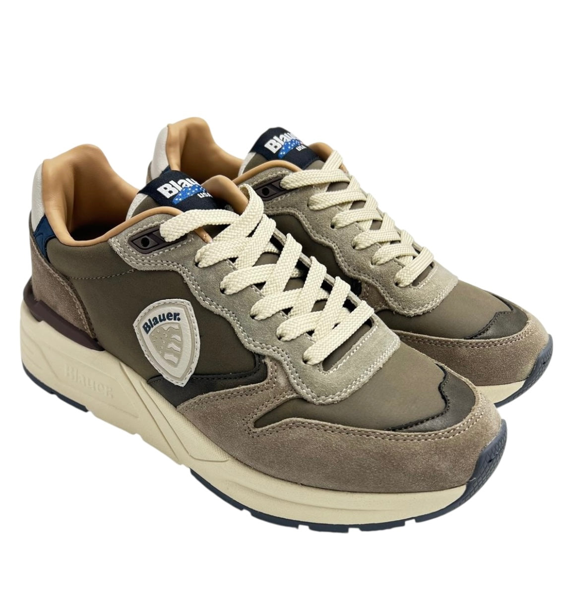 Sneaker "Ray02 NUS" Taupe e Verde Militare in Camoscio e Tessuto