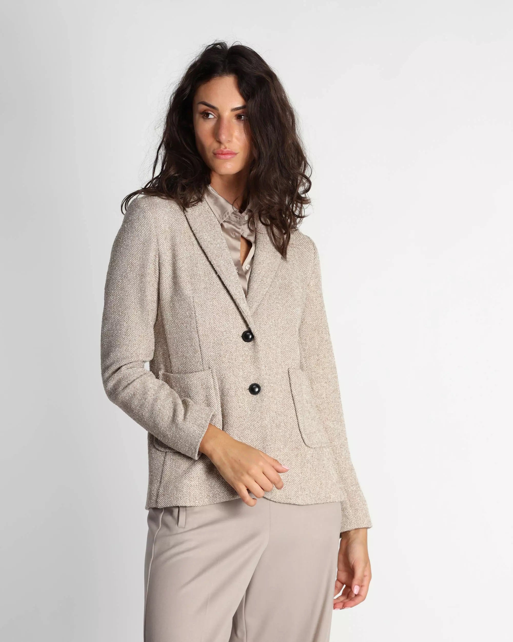 Giacca "Dear" beige in Stuoia Resca con Tasche Applicate
