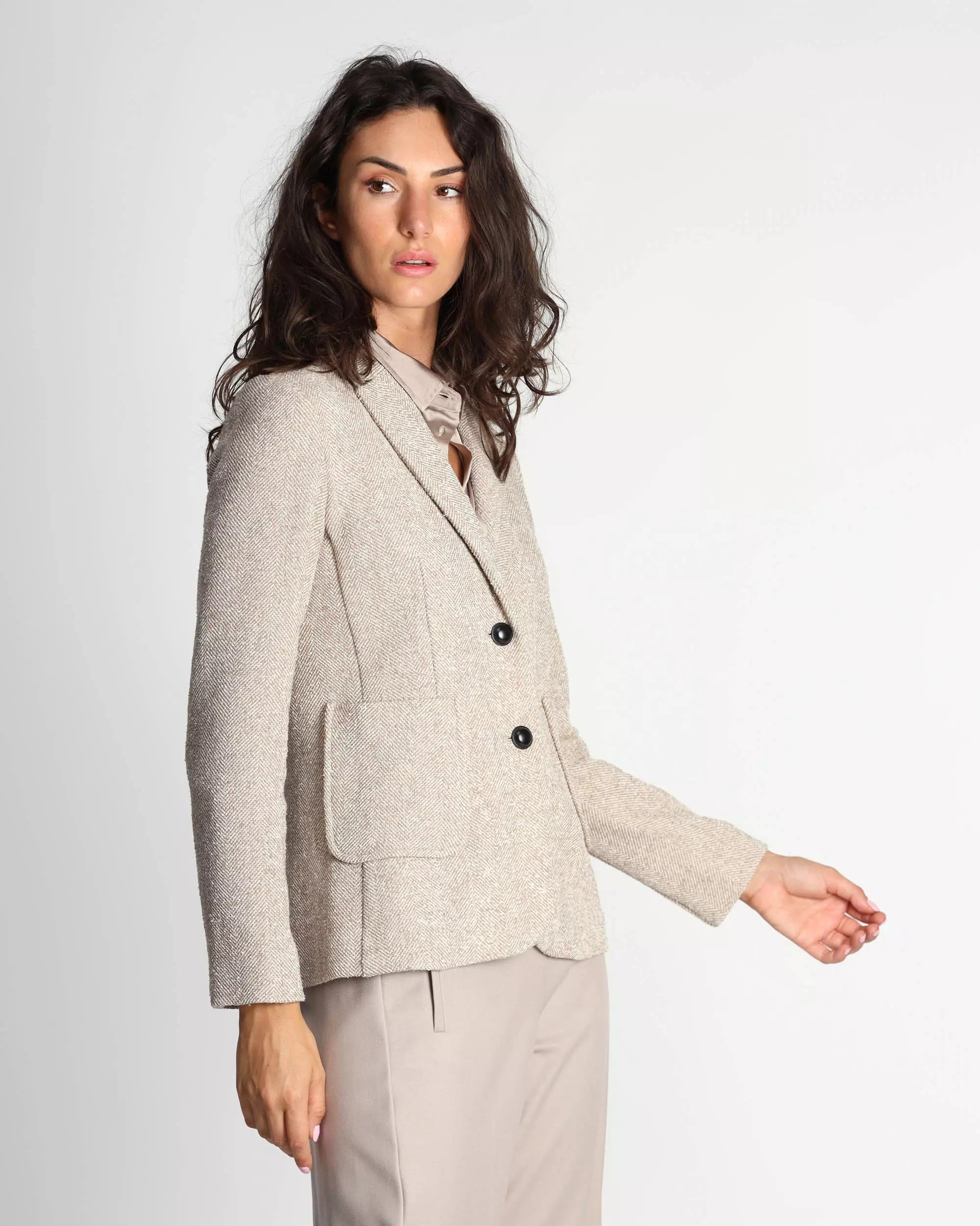 Giacca "Dear" beige in Stuoia Resca con Tasche Applicate