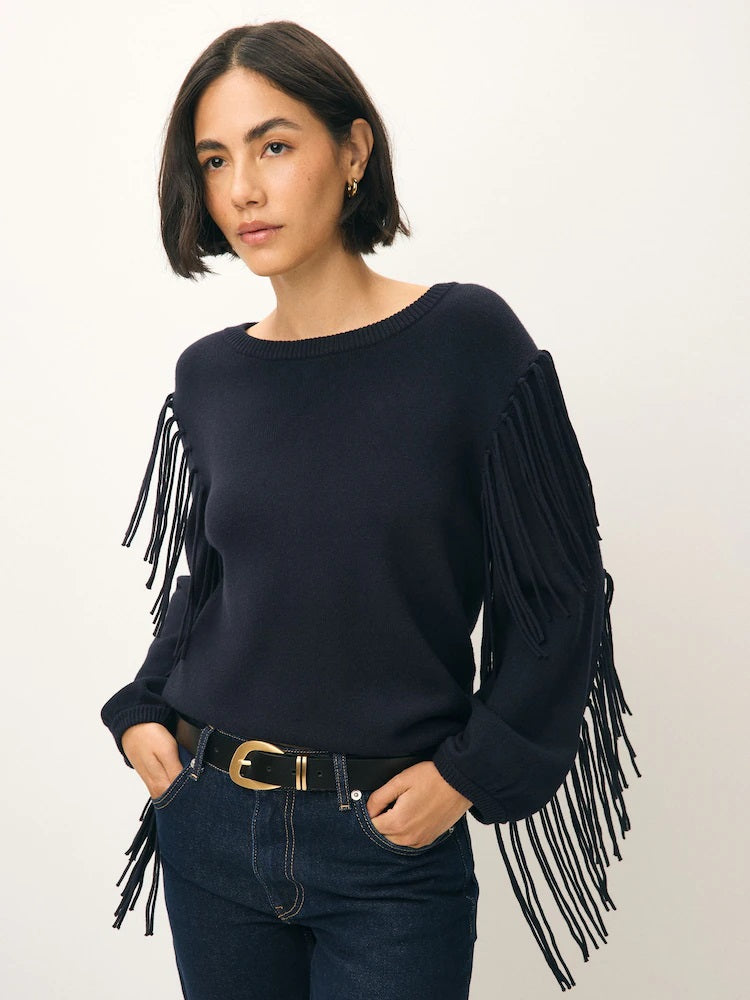 Maglia "Falco" blu in Viscosa Stretch con Frange e Scollo a Barca