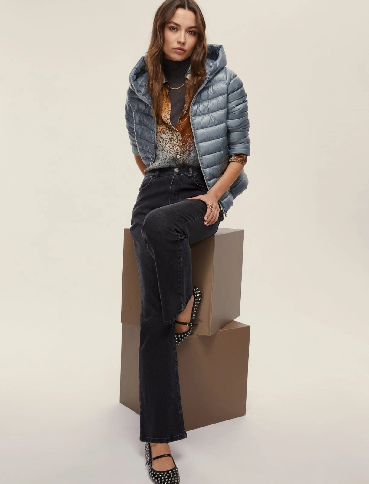 Jeans "Felce" in denim nero stone slim flare