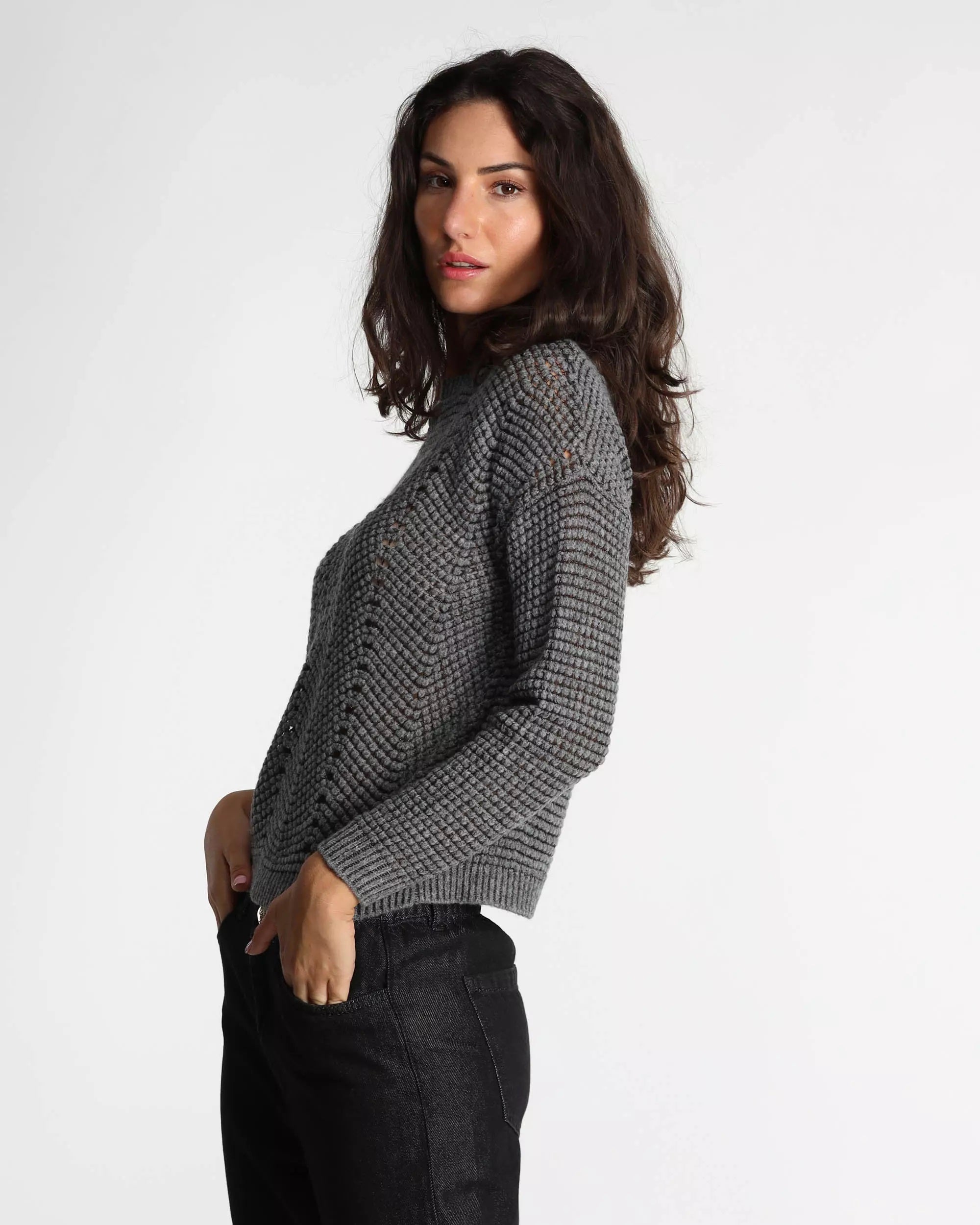 Maglia "Lesena" grigio / nero in misto lana con lurex e motivo fantasia