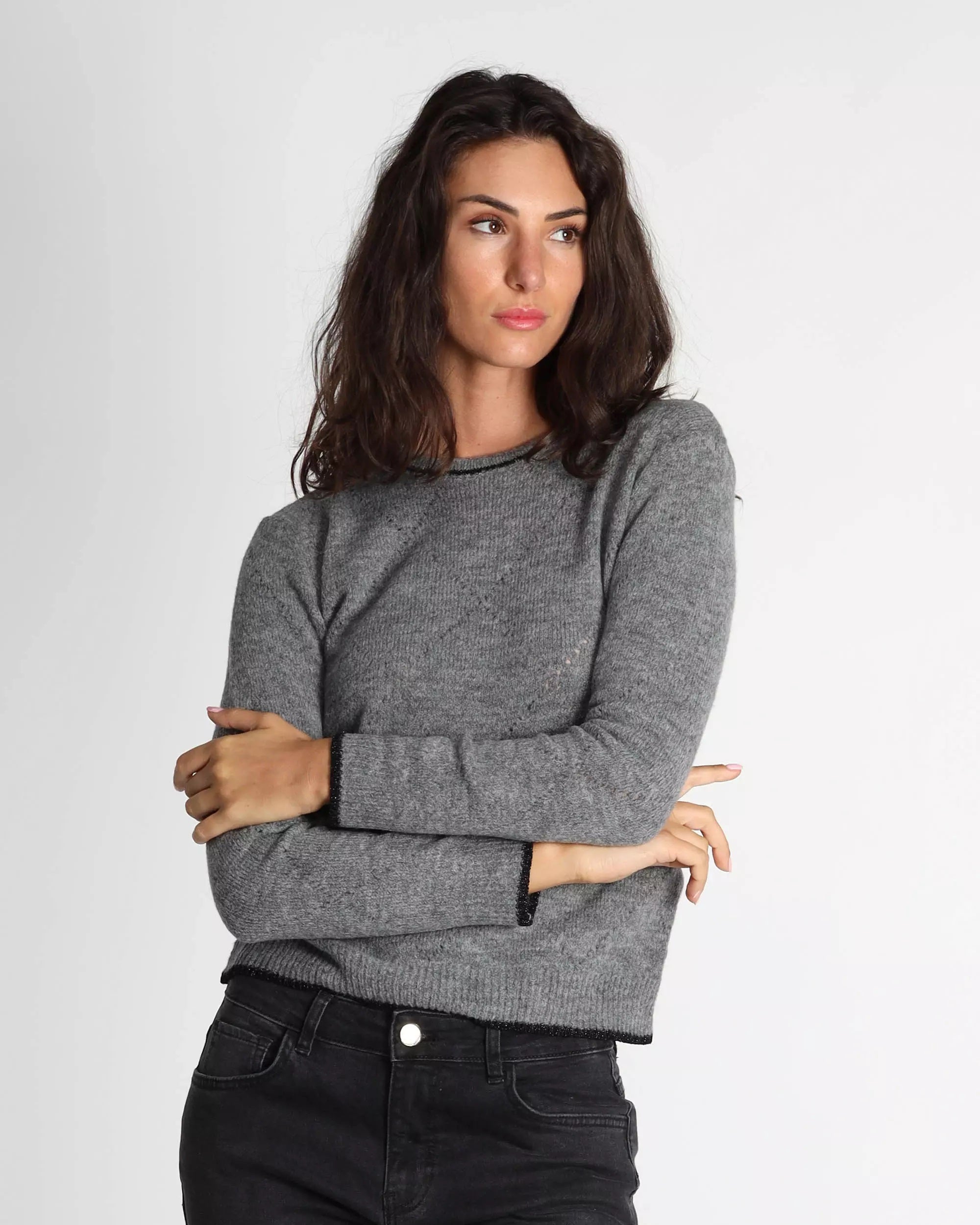 Maglia "Nuvola" grigia in misto lana con lurex e scollo rialzato