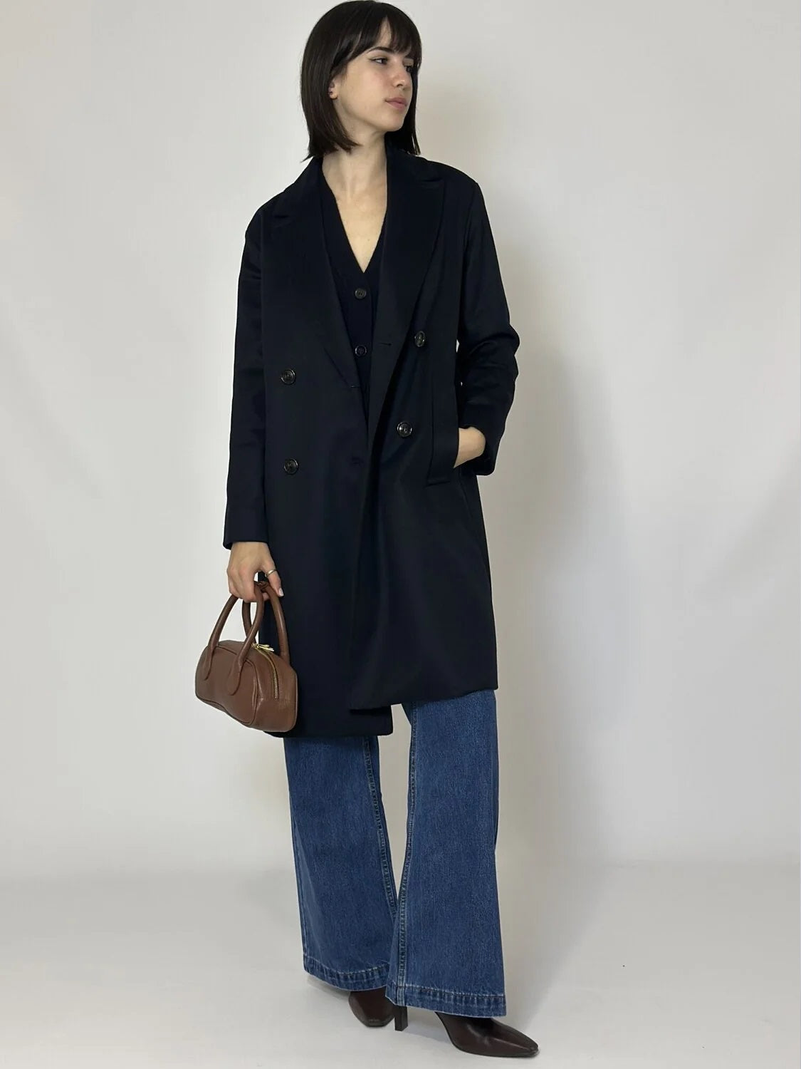 Cappotto doppiopetto "Roll" blu in Drap di Lana e Nylon