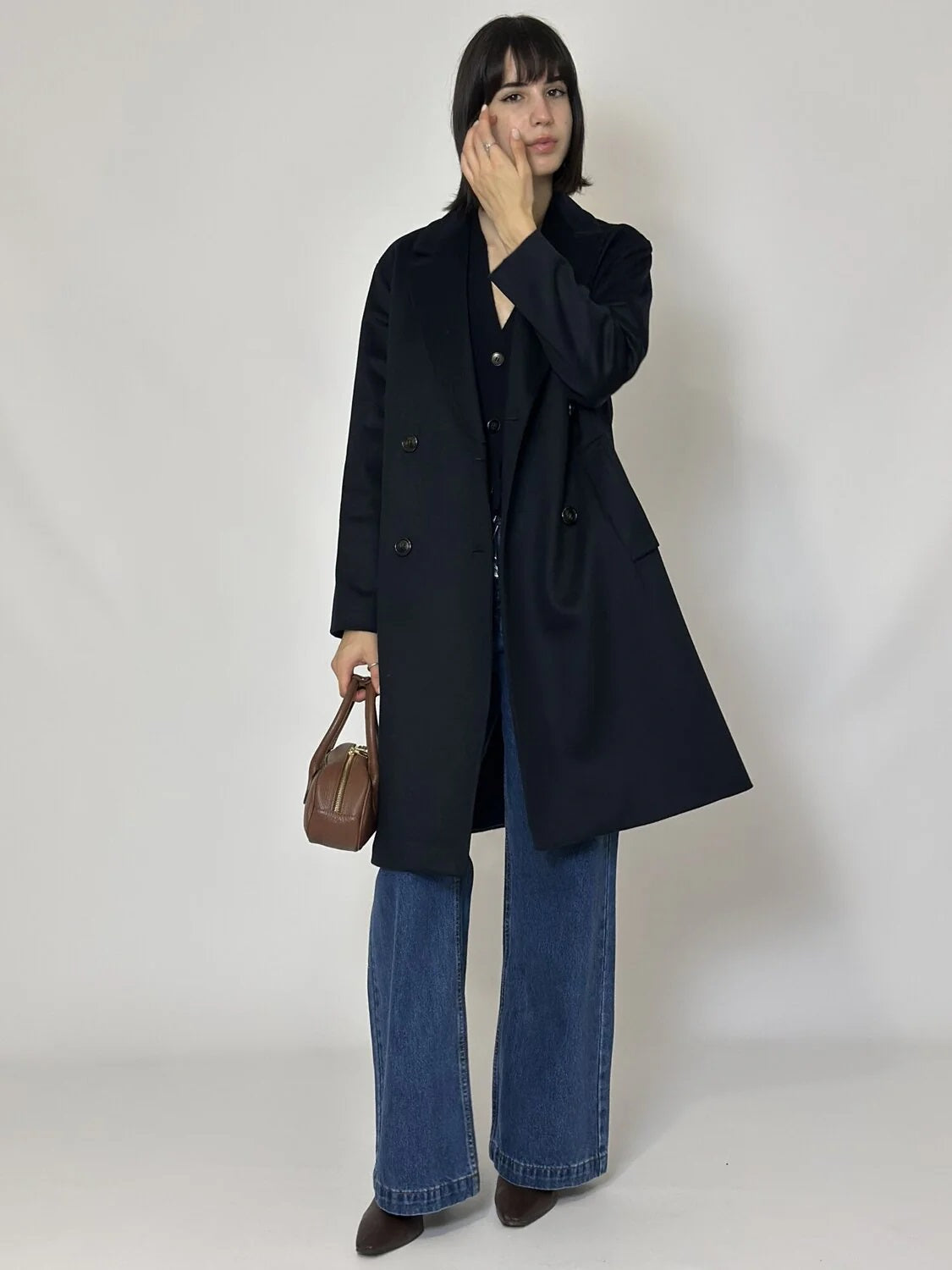 Cappotto doppiopetto "Roll" blu in Drap di Lana e Nylon