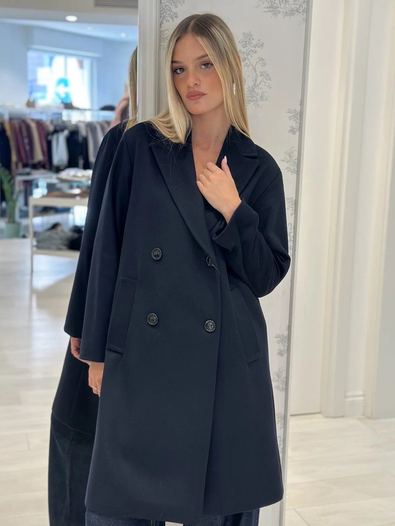 Cappotto doppiopetto "Roll" blu in Drap di Lana e Nylon