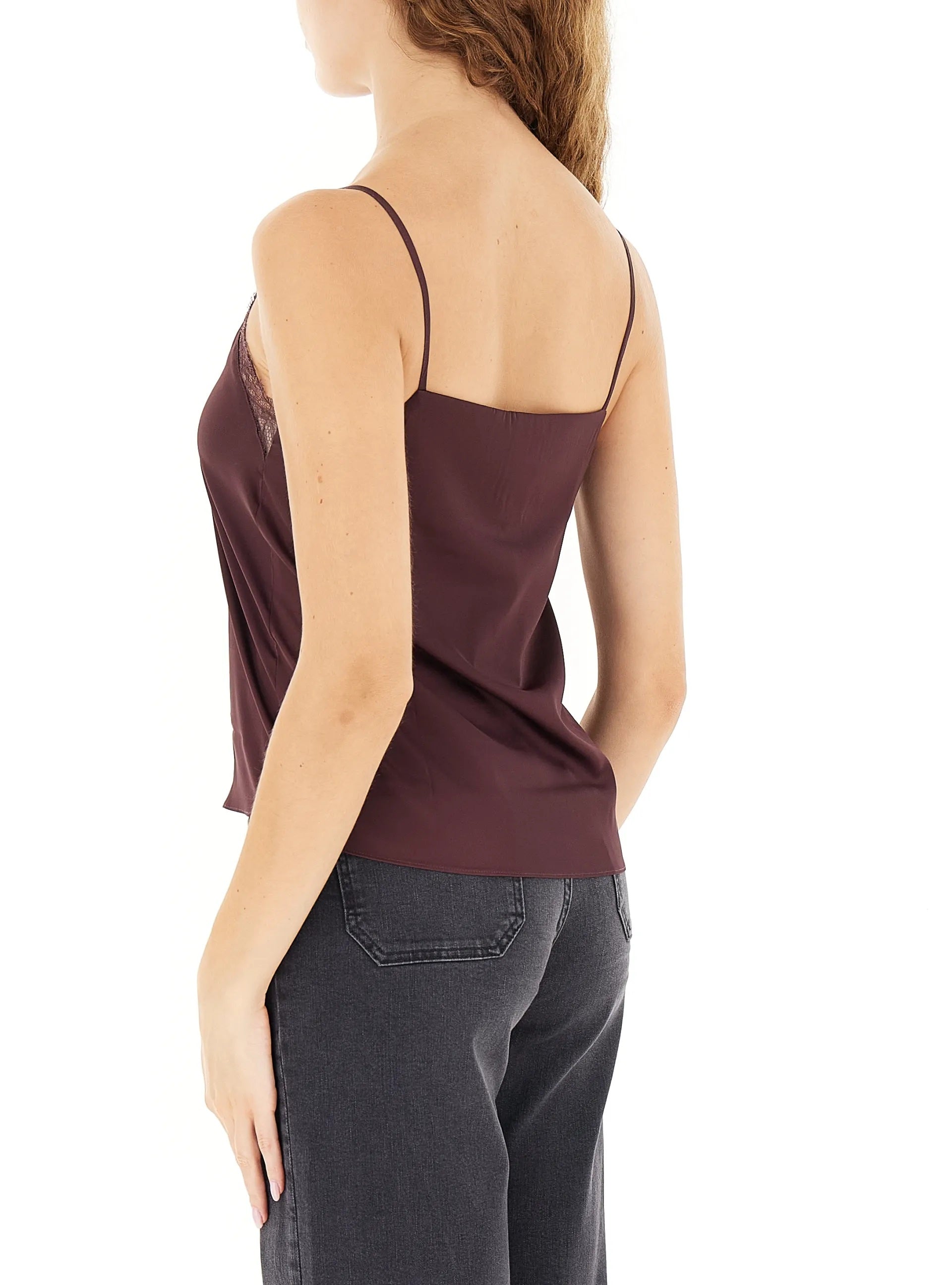 Top "Senta" bordeaux in Raso con Scollo a V e Dettagli in Pizzo