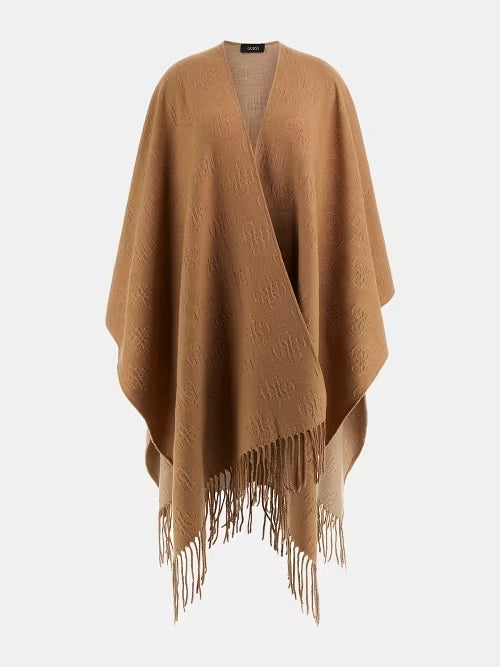 Mantella Donna Beige con Frange e Logo in Rilievo