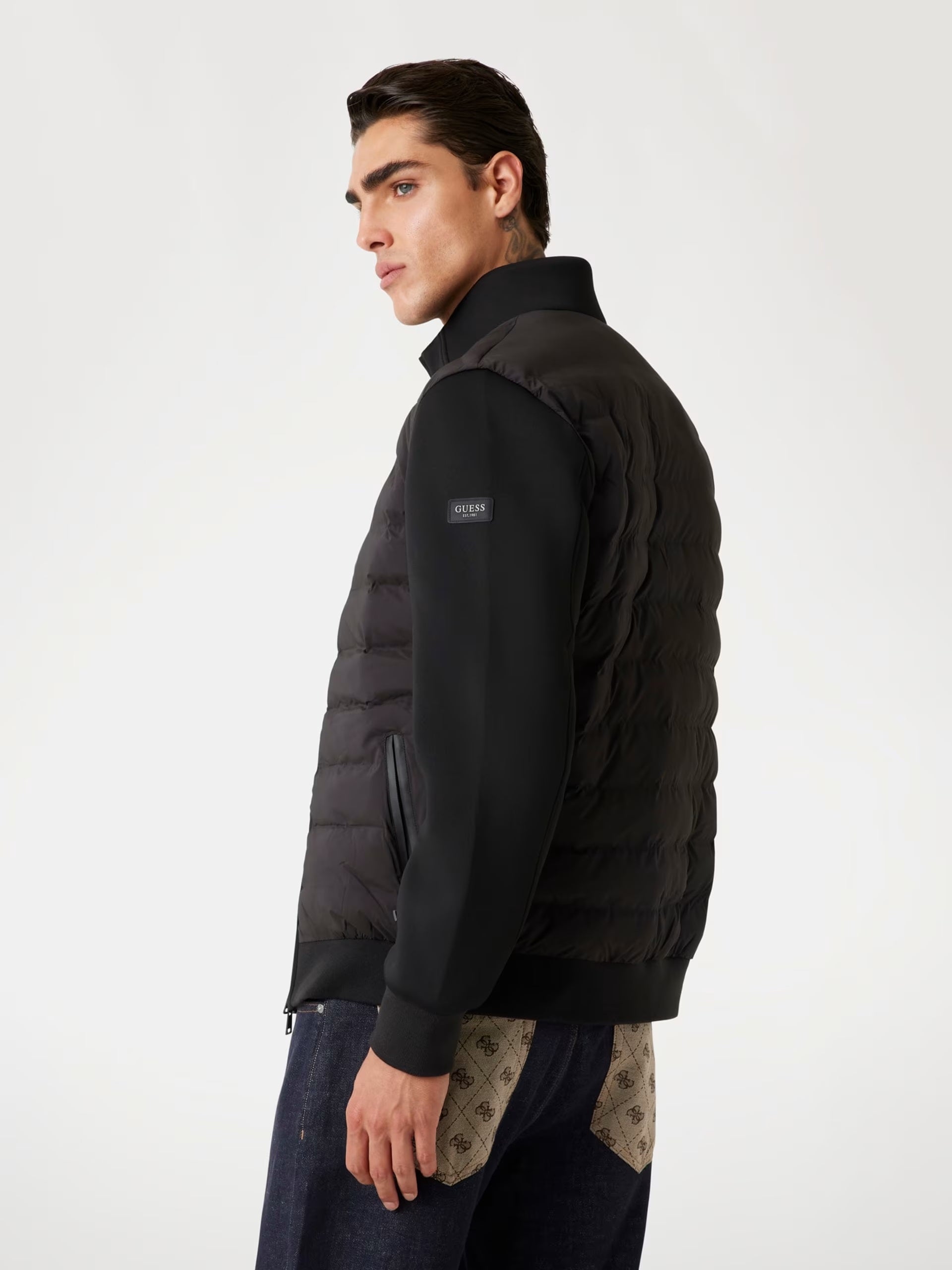 Piumino Nero in Scuba Tech Stretch Slim Fit con Zip e Collo Alto