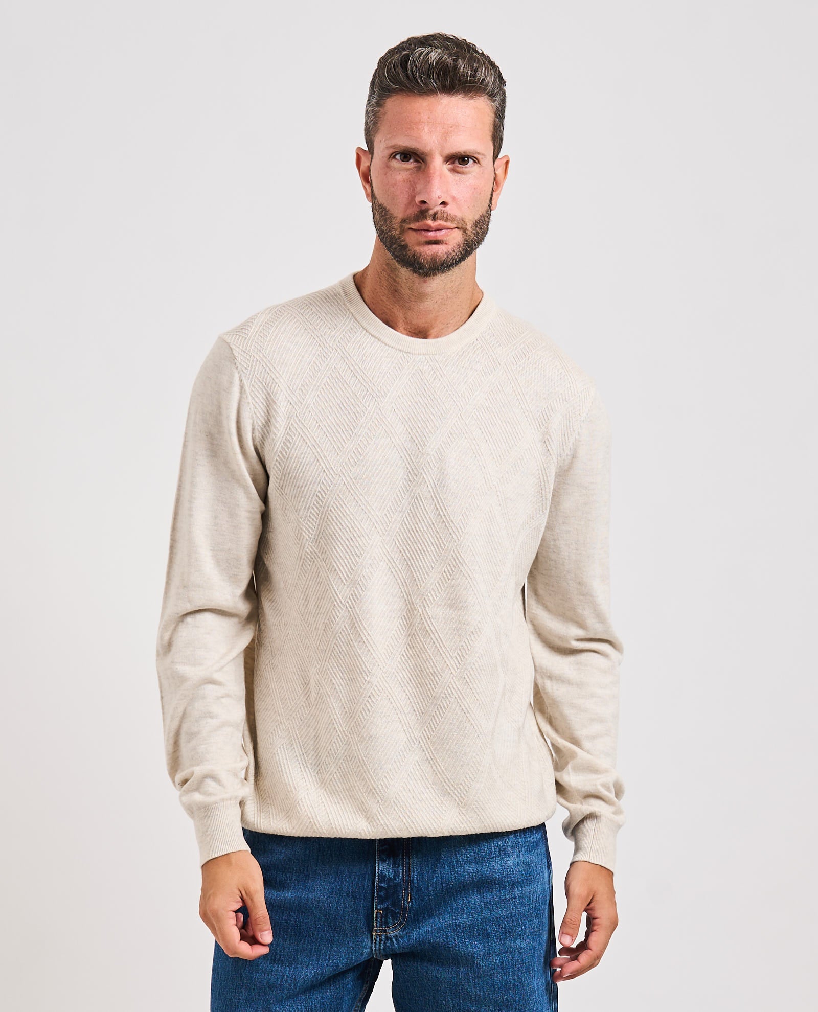 Maglione Uomo "Jamaar" sabbia con Fantasia a Rombi in Misto Lana