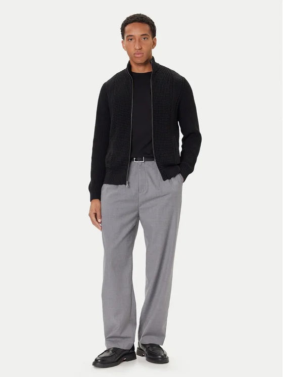 Cardigan Nero "LS Waffle Zip Ryder" con lavorazione a Nido d'Ape