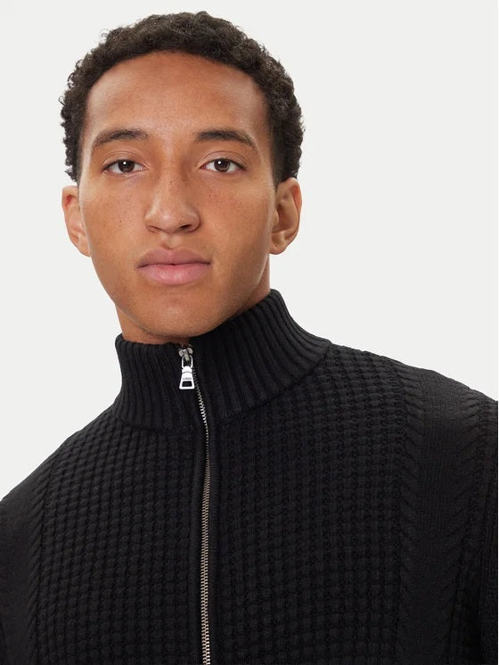 Cardigan Nero "LS Waffle Zip Ryder" con lavorazione a Nido d'Ape