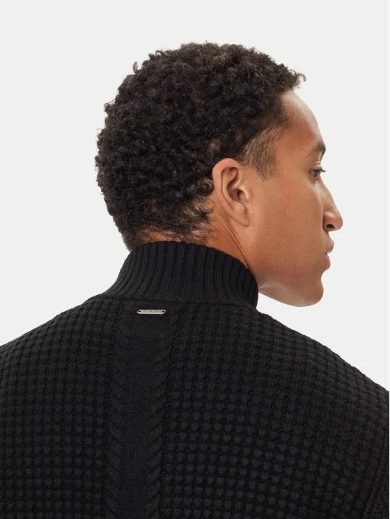 Cardigan Nero "LS Waffle Zip Ryder" con lavorazione a Nido d'Ape