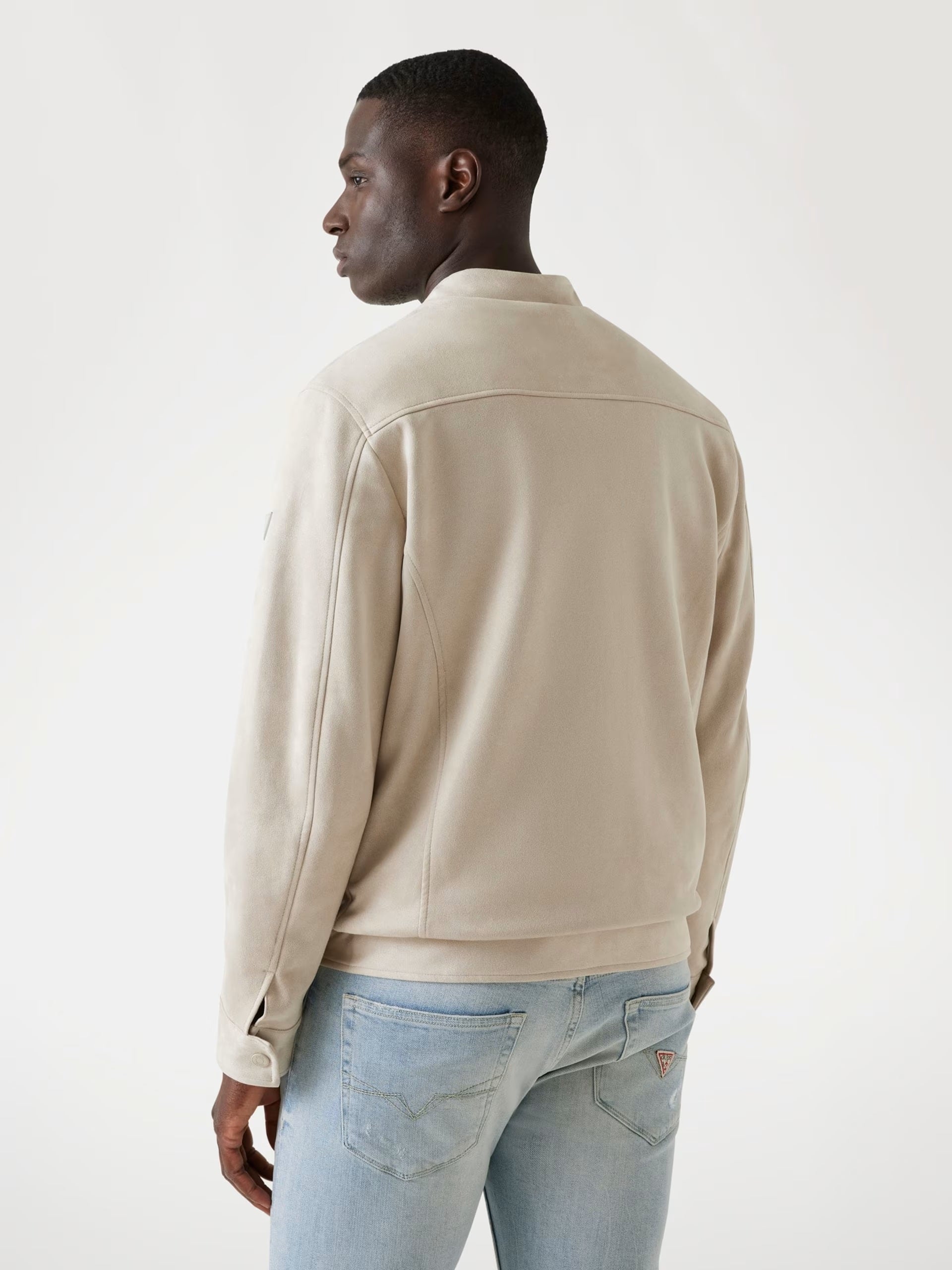 Giubbino Biker Beige in Simil Scamosciato con Collo alla Coreana