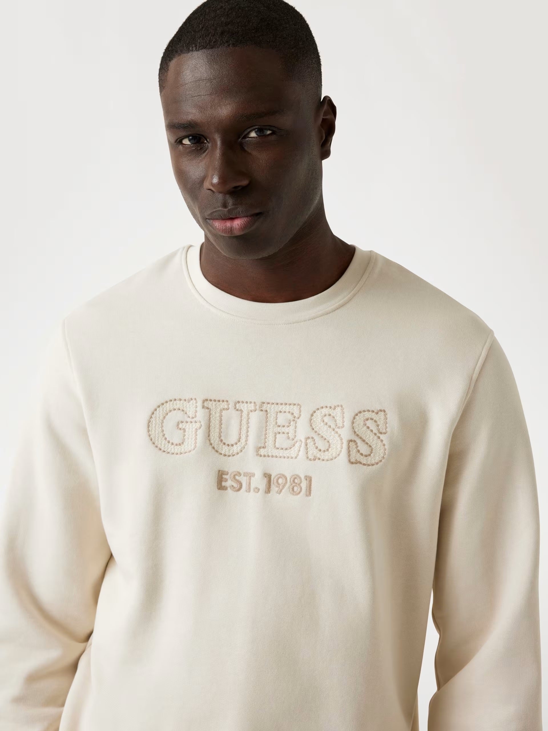 Felpa Beige con Logo Guess Ricamato e collo Girocollo