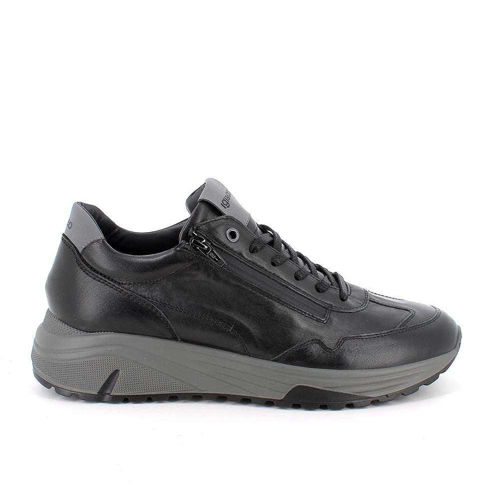 Sneakers da uomo nere in pelle con zip laterale e suola Memory Foam
