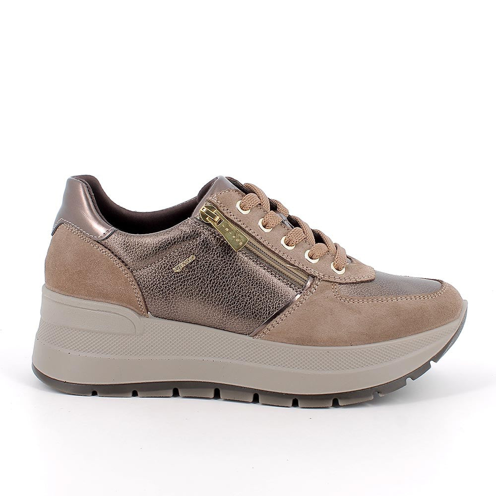 Sneakers marroni in pelle laminata/scamosciata con zip laterale
