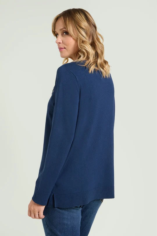 Maglia Ricamata a Mano Blu in Viscosa Soft Touch con Perline