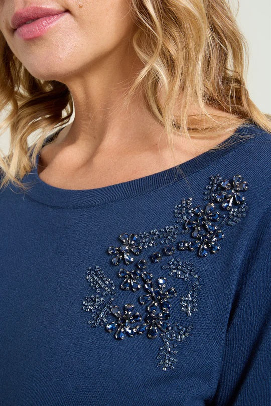 Maglia Ricamata a Mano Blu in Viscosa Soft Touch con Perline