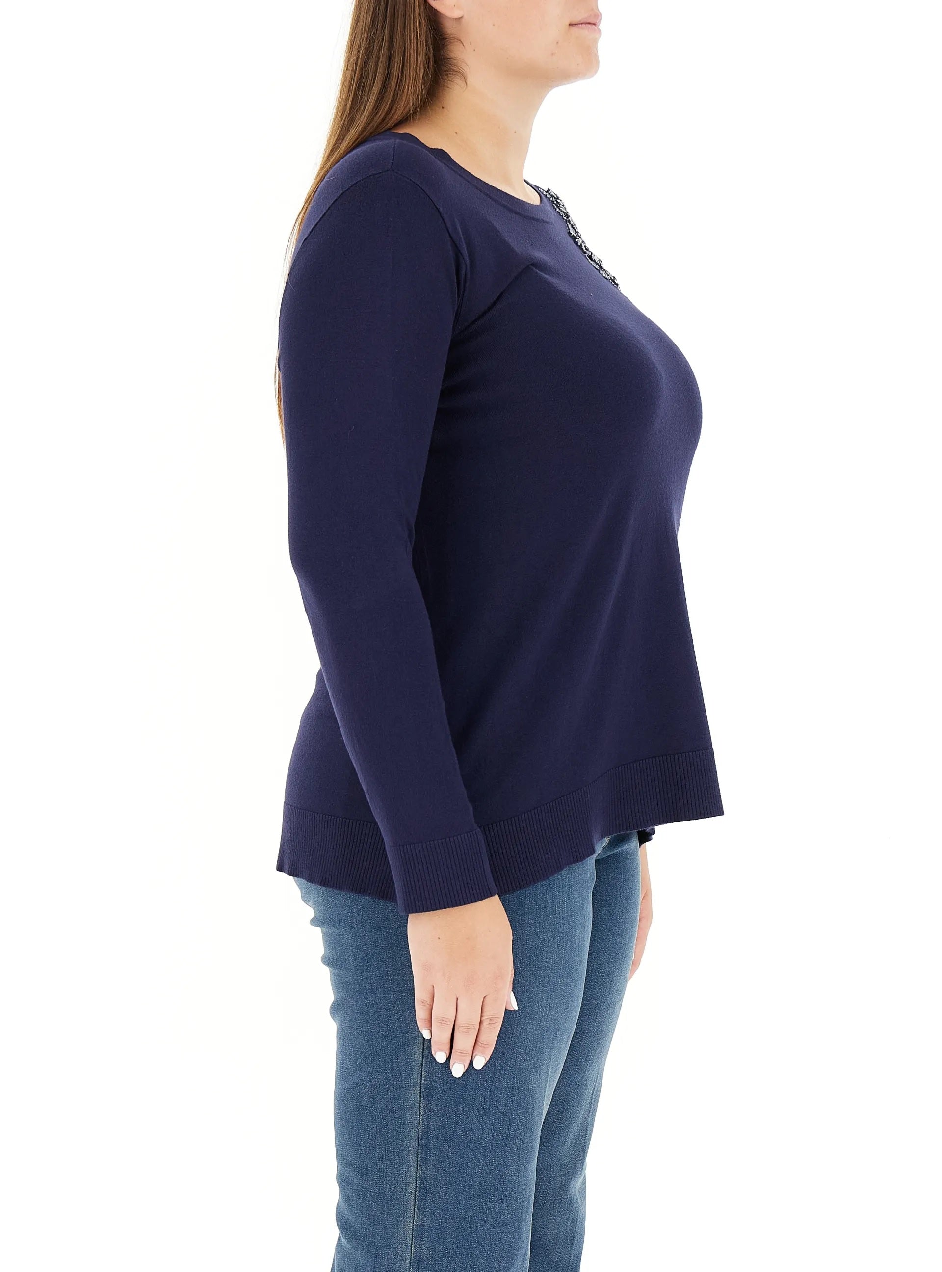 Maglia Ricamata a Mano Blu in Viscosa Soft Touch con Perline