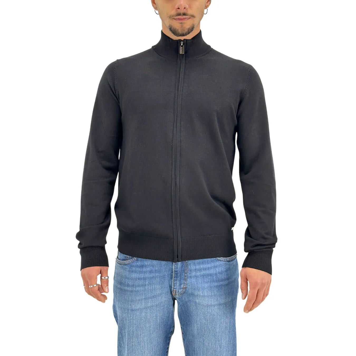 Maglia con zip da uomo nero in filato finezza 12 Viscose Blend