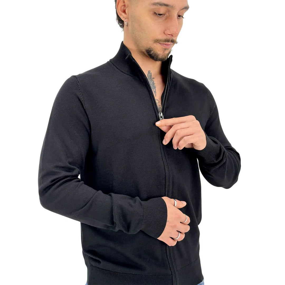 Maglia con zip da uomo nero in filato finezza 12 Viscose Blend