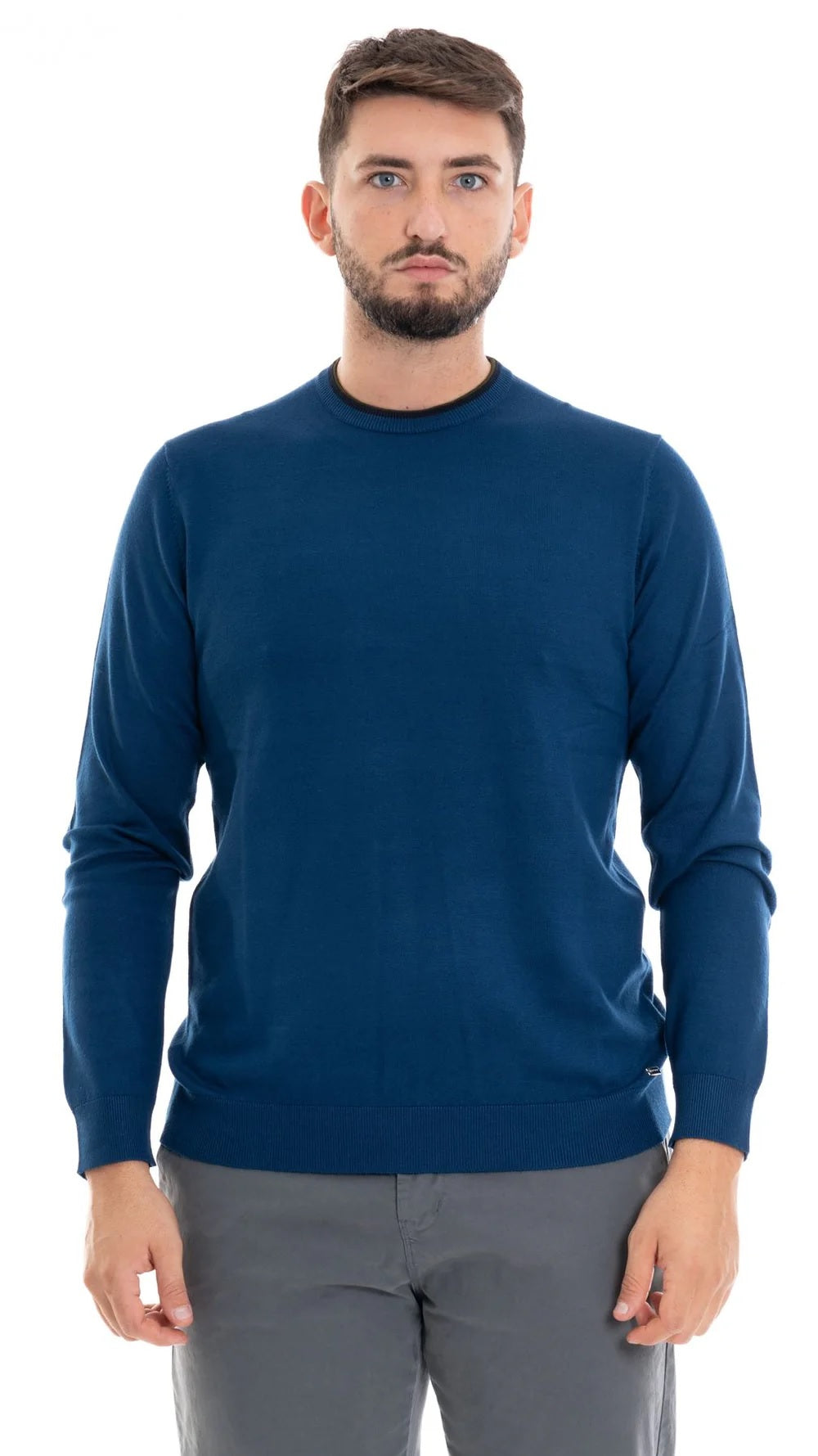 Maglioncino girocollo da uomo denim con toppe a contrasto