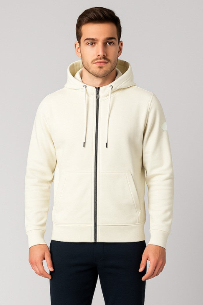 Felpa con cappuccio da uomo beige con zip e tasche frontali
