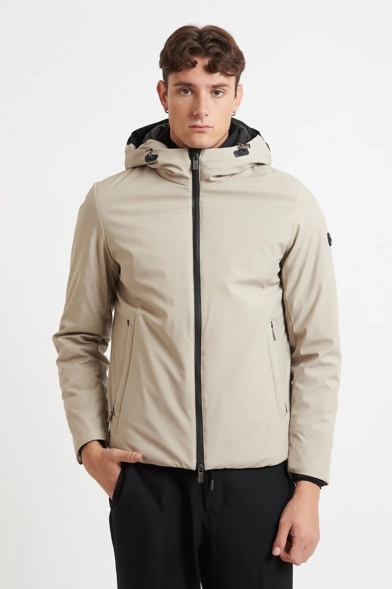 Giubbino termico da uomo beige con cappuccio fisso e zip termosaldata