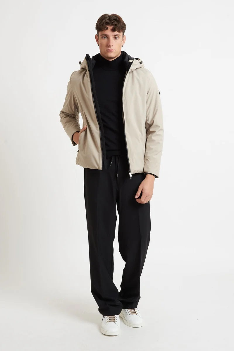 Giubbino termico da uomo beige con cappuccio fisso e zip termosaldata