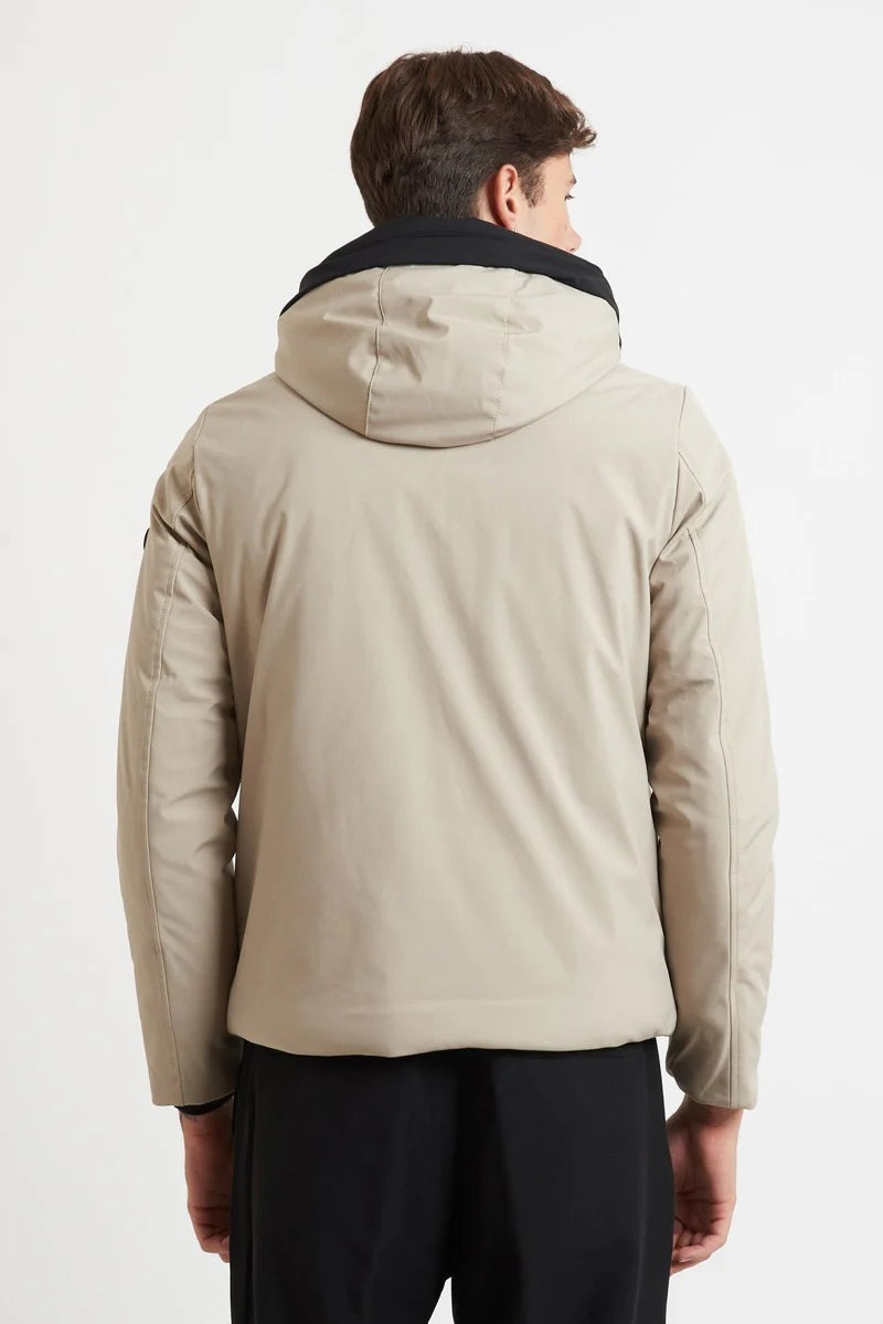 Giubbino termico da uomo beige con cappuccio fisso e zip termosaldata