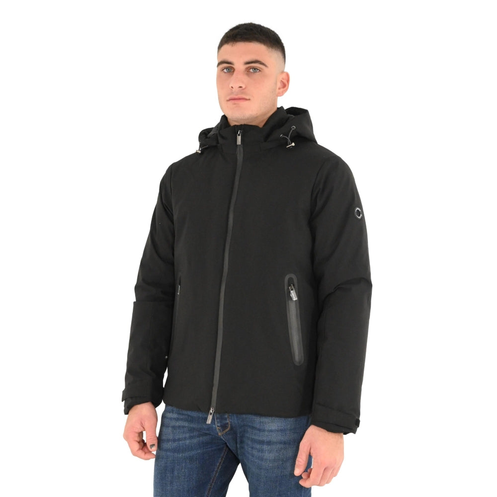 Giubbino termico da uomo nero con cappuccio fisso e zip termosaldata