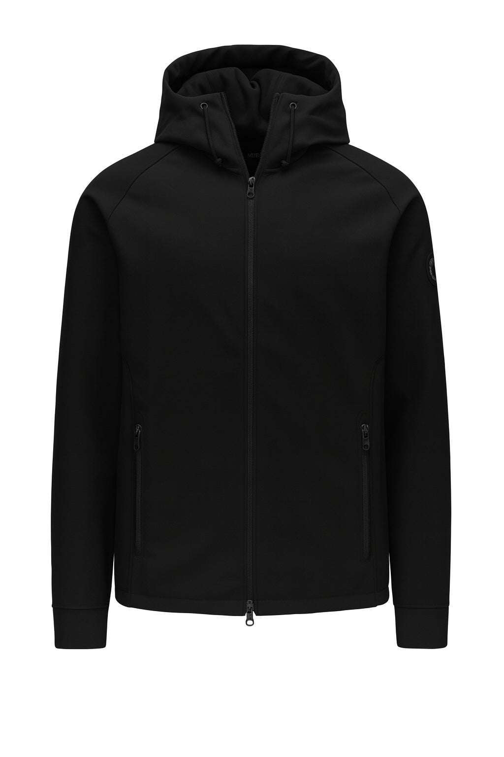 Giubbino softshell da uomo nero con cappuccio e interno in pile