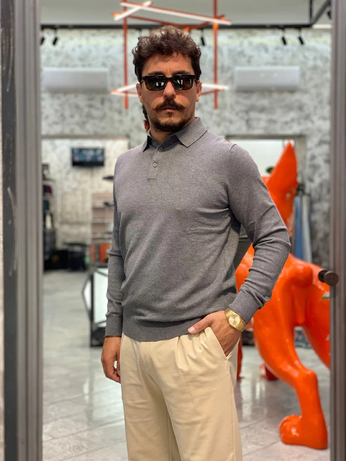 Polo slim fit grigio melange a manica lunga in viscosa finezza 12