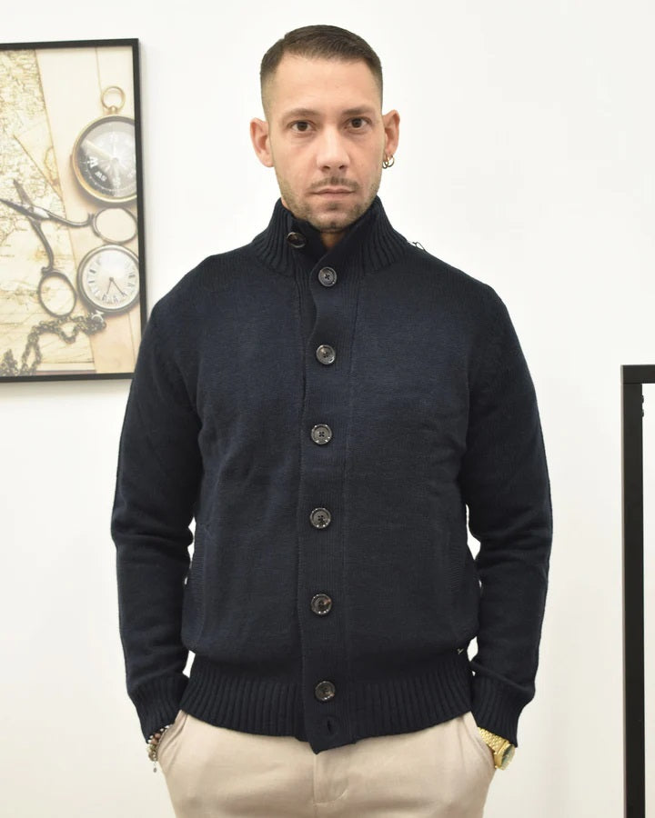 Cardigan da uomo blu con bottoni in maglia finezza 7 Markup