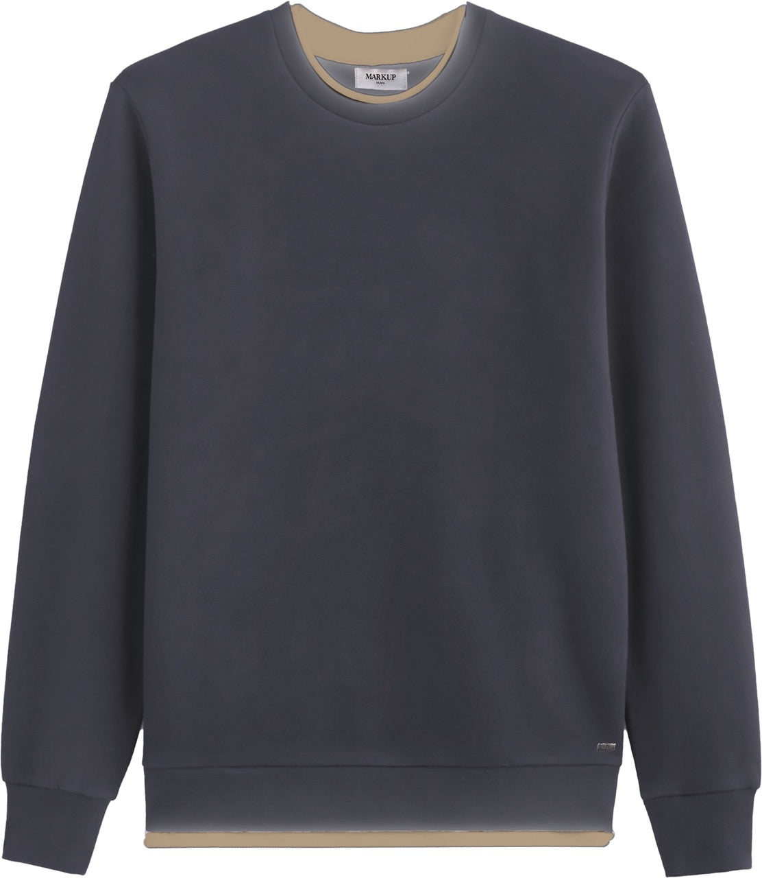 Felpa da uomo blu girocollo con inserti a contrasto beige