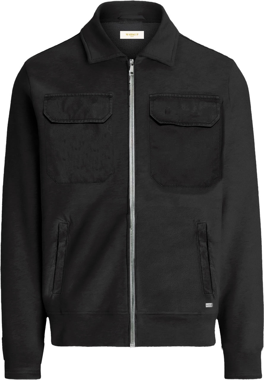Overshirt da uomo nera in felpa con zip argento e tasche sul petto