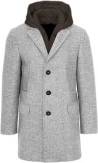 Cappotto grigio melange in panno double con pettorina e cappuccio