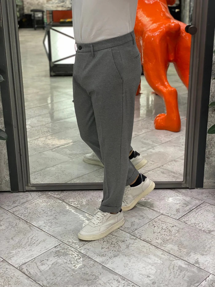 Pantalone cropped grigio in punto Milano elasticizzato con risvolto