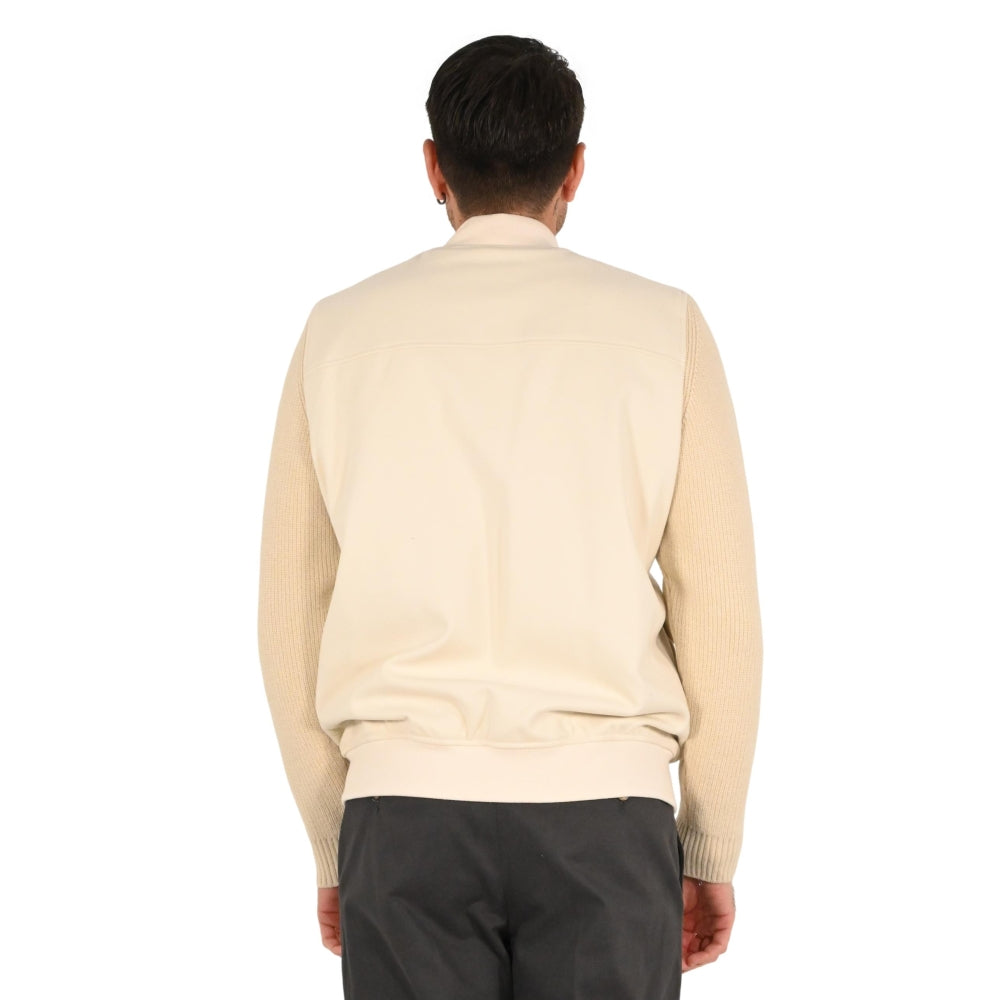 Overshirt uomo color latte in tessuto diagonale con maniche in maglia