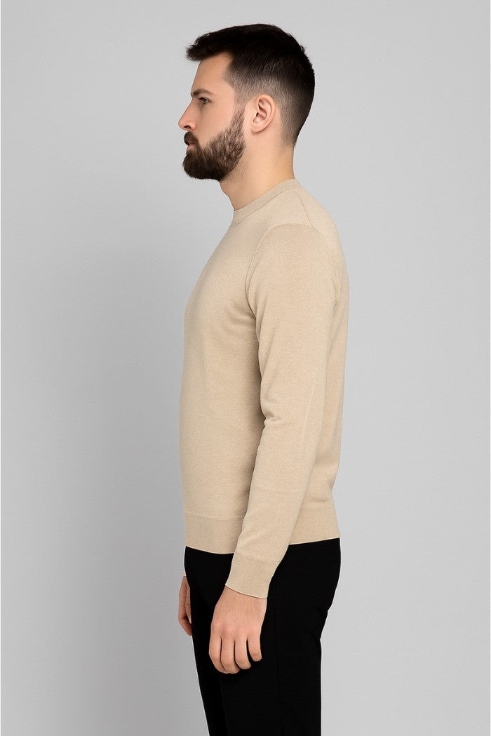 Maglia Girocollo Beige in Misto Viscosa con Vestibilità Regular