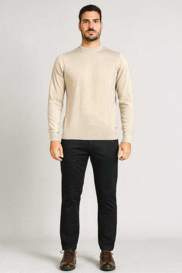 Maglia Girocollo Beige in Misto Viscosa con Vestibilità Regular