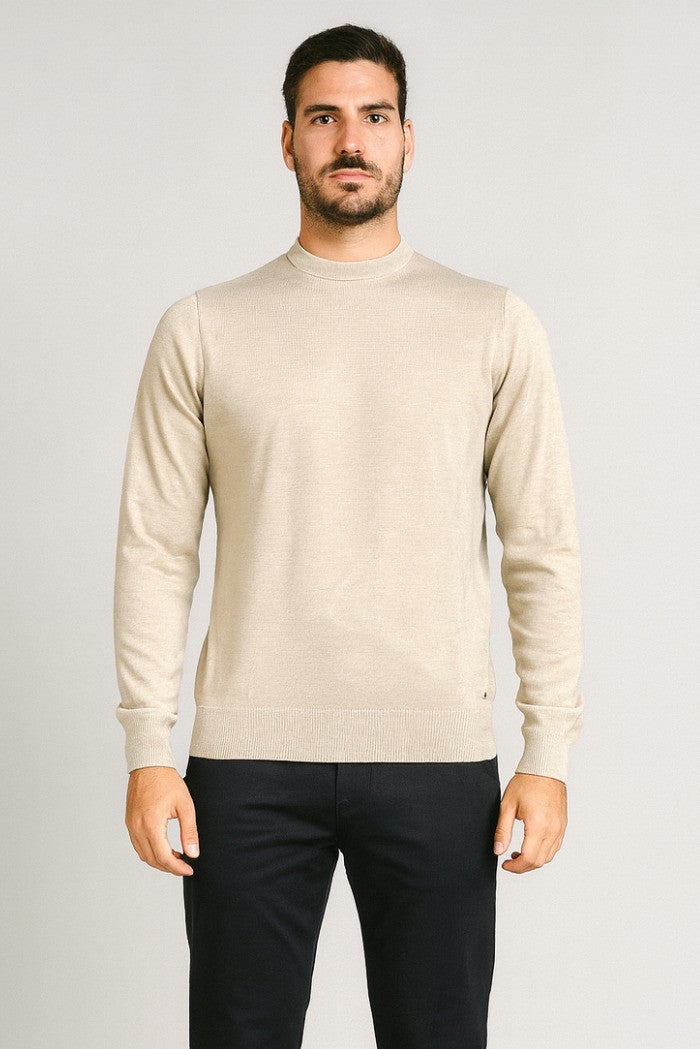 Maglia Girocollo Beige in Misto Viscosa con Vestibilità Regular