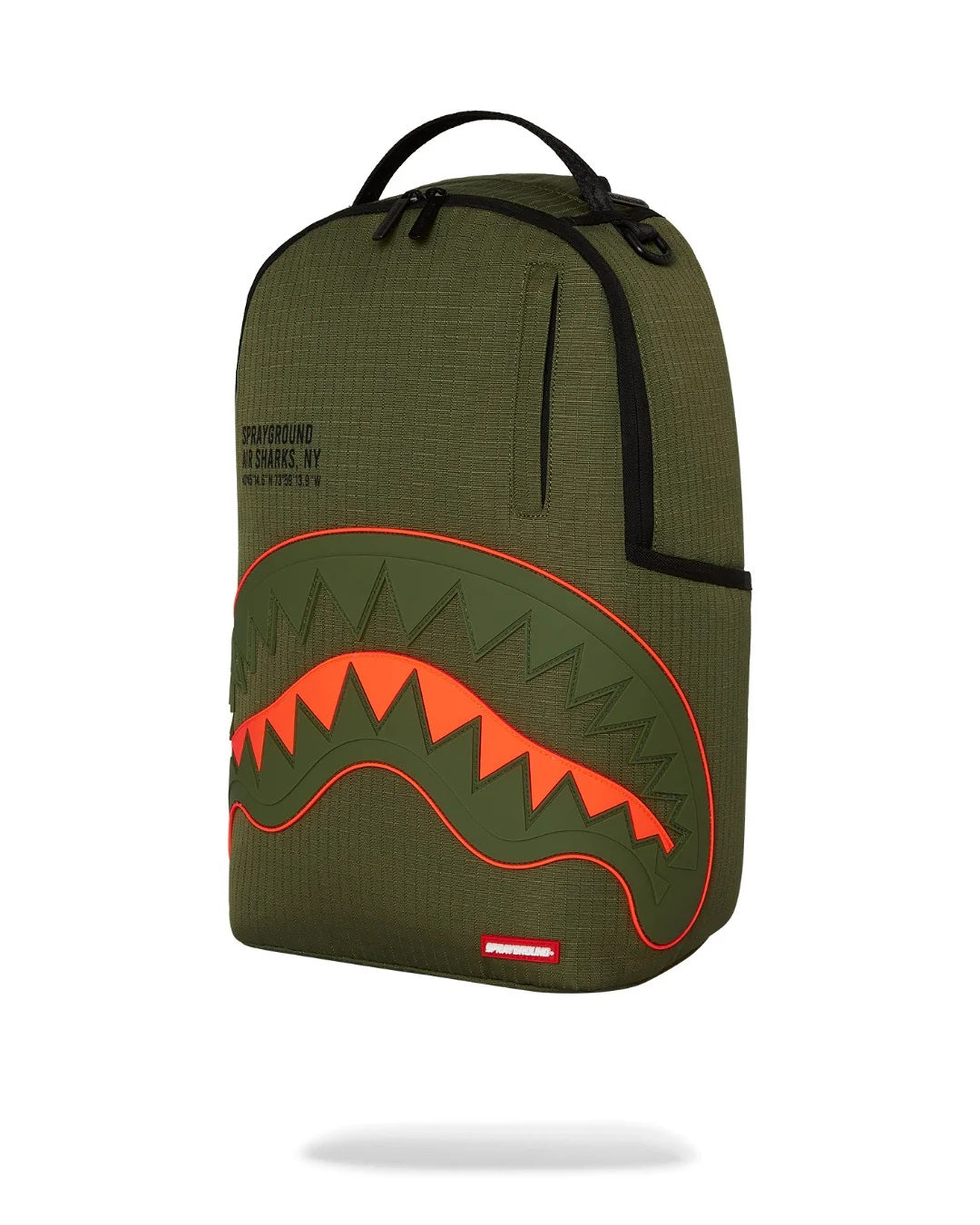 Zaino "Shark Central Army" Verde Militare in Nylon con Denti Fluo