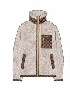 Giacca "Checkered Teddy" avorio in Pile con Dettagli a Scacchi marroni