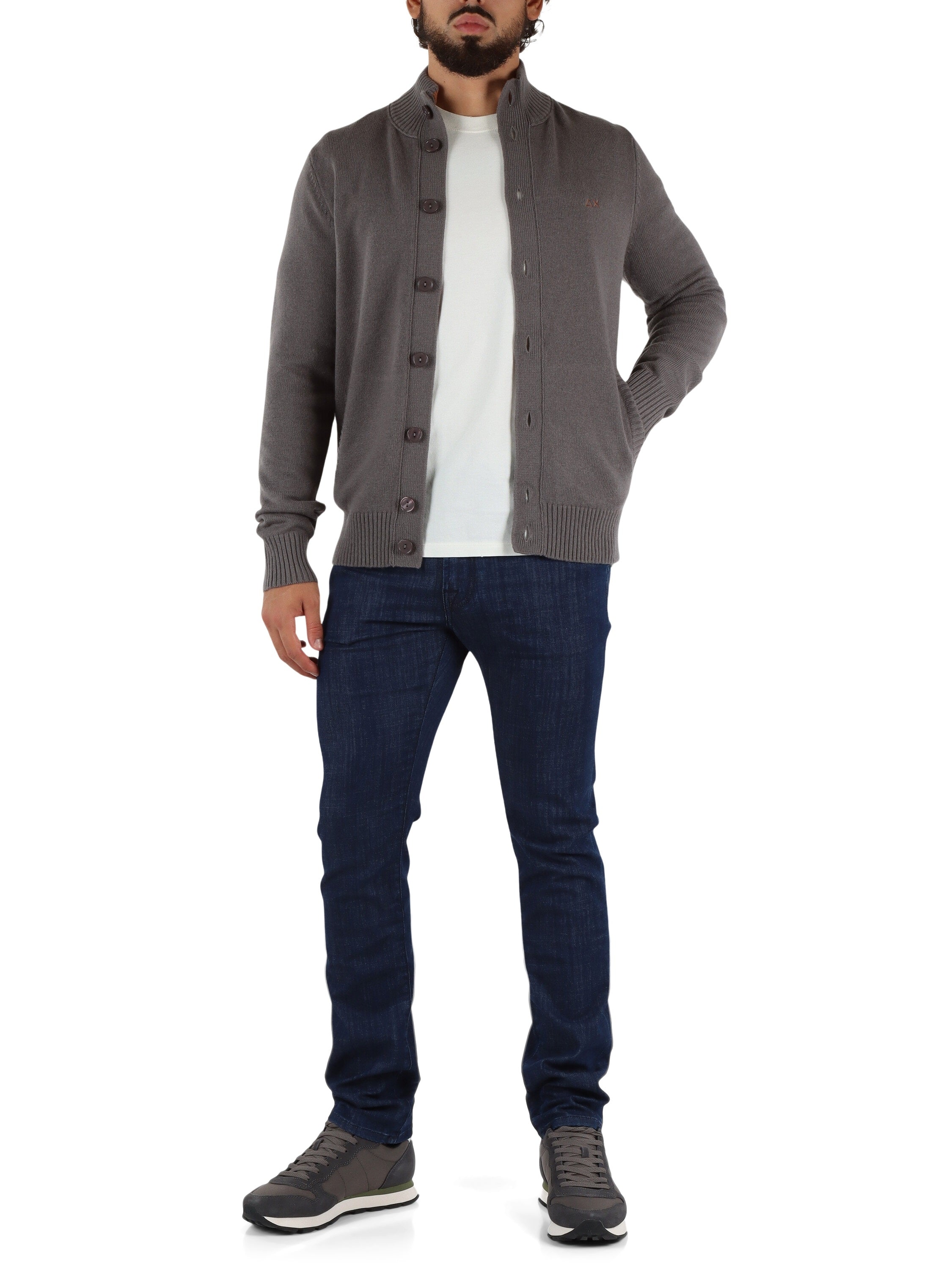 Cardigan in Lana Merino e Cashmere Grigio con Collo a Lupetto