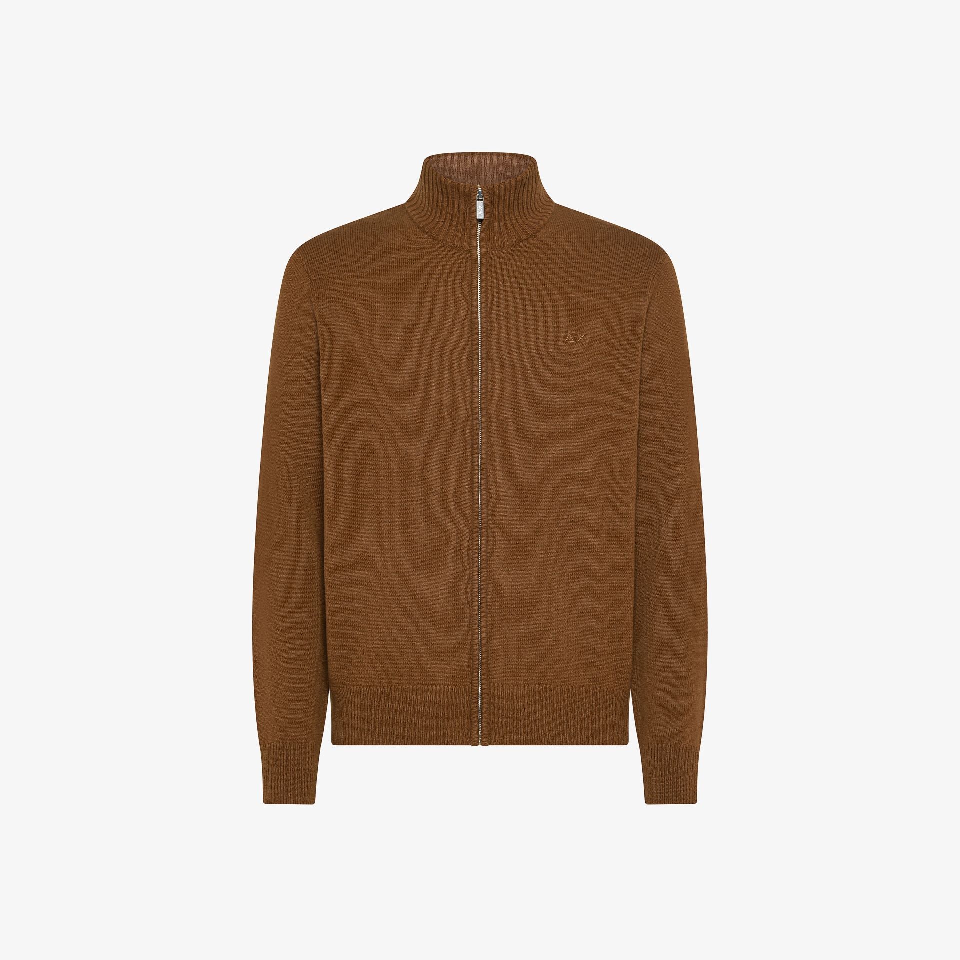 Cardigan con Zip in Cotone e Lana Merino color Volpe