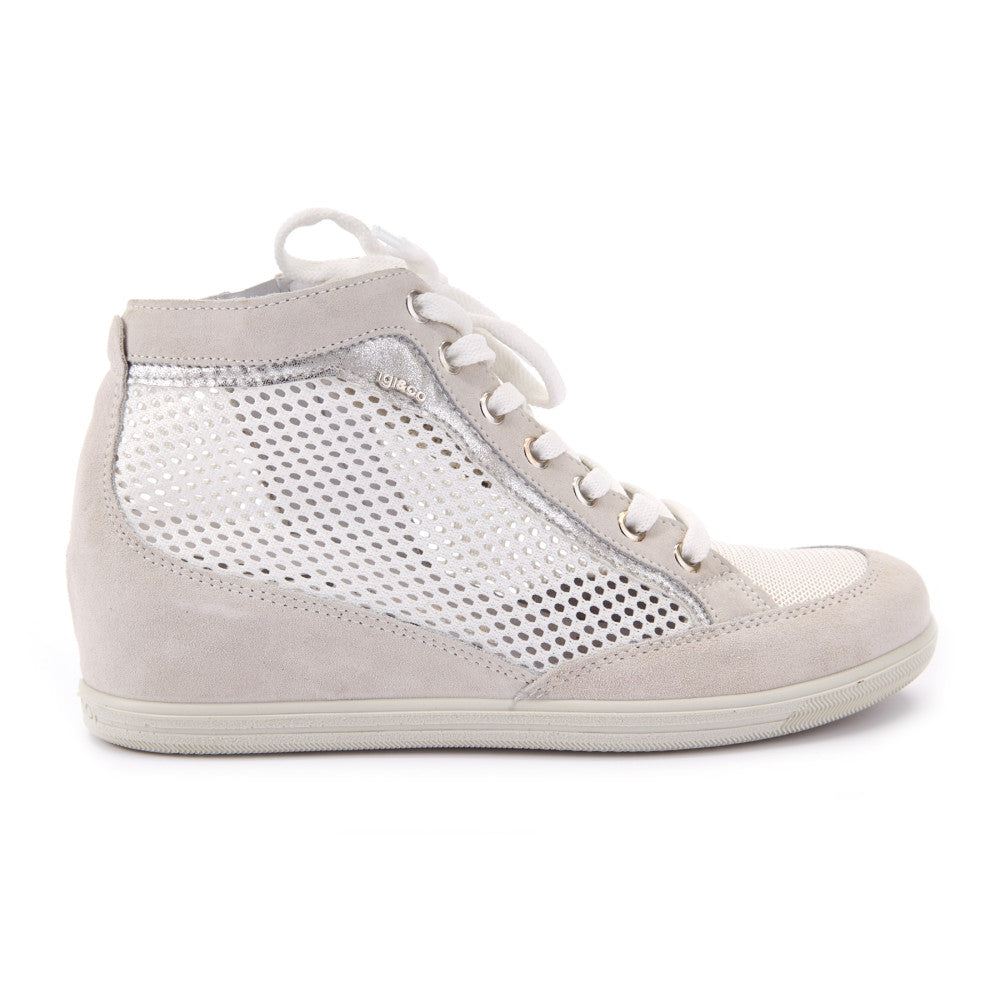 Sneakers Donna Beige con Zeppa in Pelle Scamosciata e Tessuto